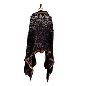 Vintage Y2K Artisan Black Silk Embroidered Drape Shawl Wrap with Gold Trim